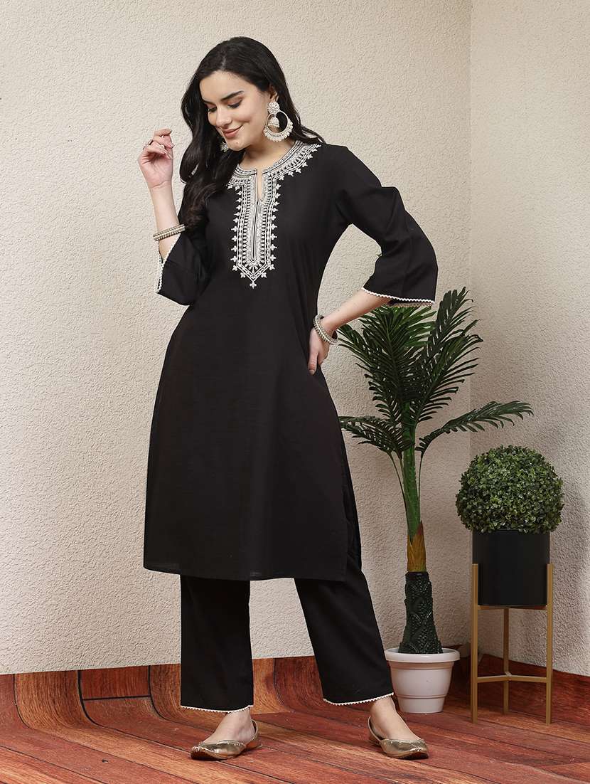 women black cotton blend kurta pant set