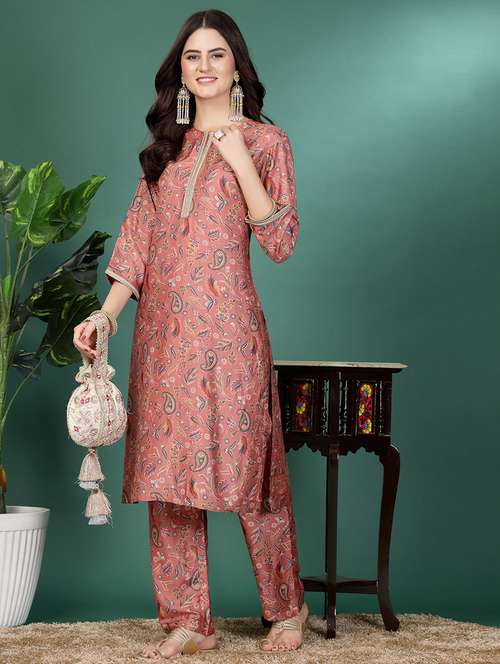 women peach cotton blend kurta pant set - 21482536 -  Standard Image - 0