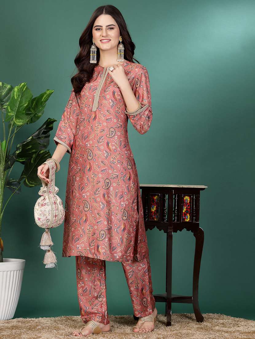 women peach cotton blend kurta pant set