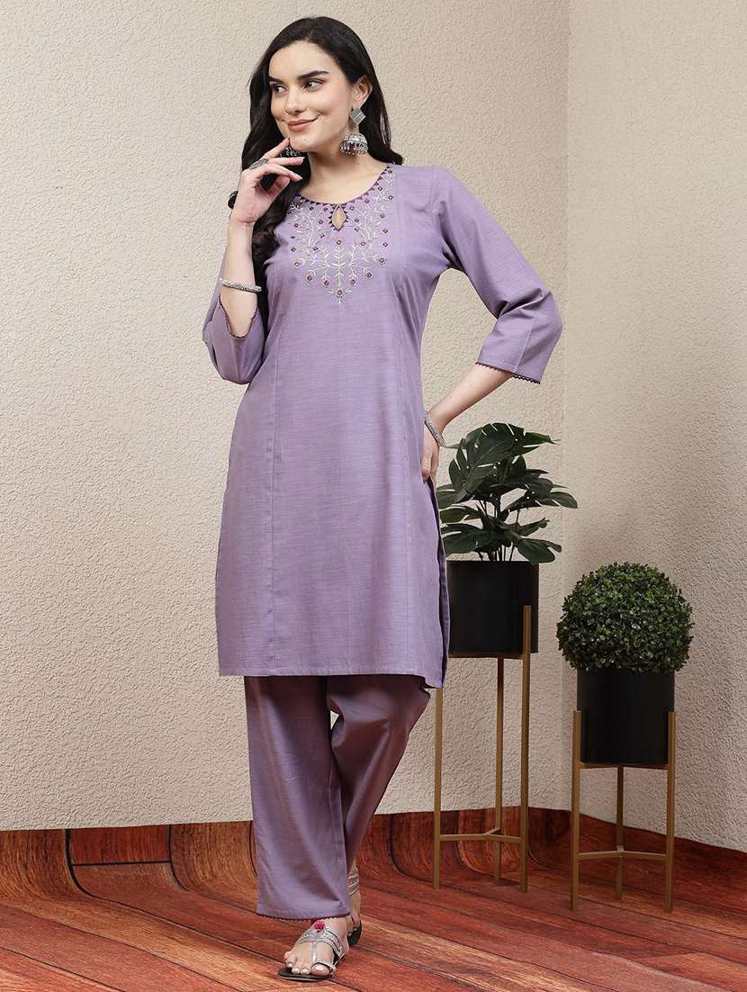 women lavender cotton blend kurta pant set