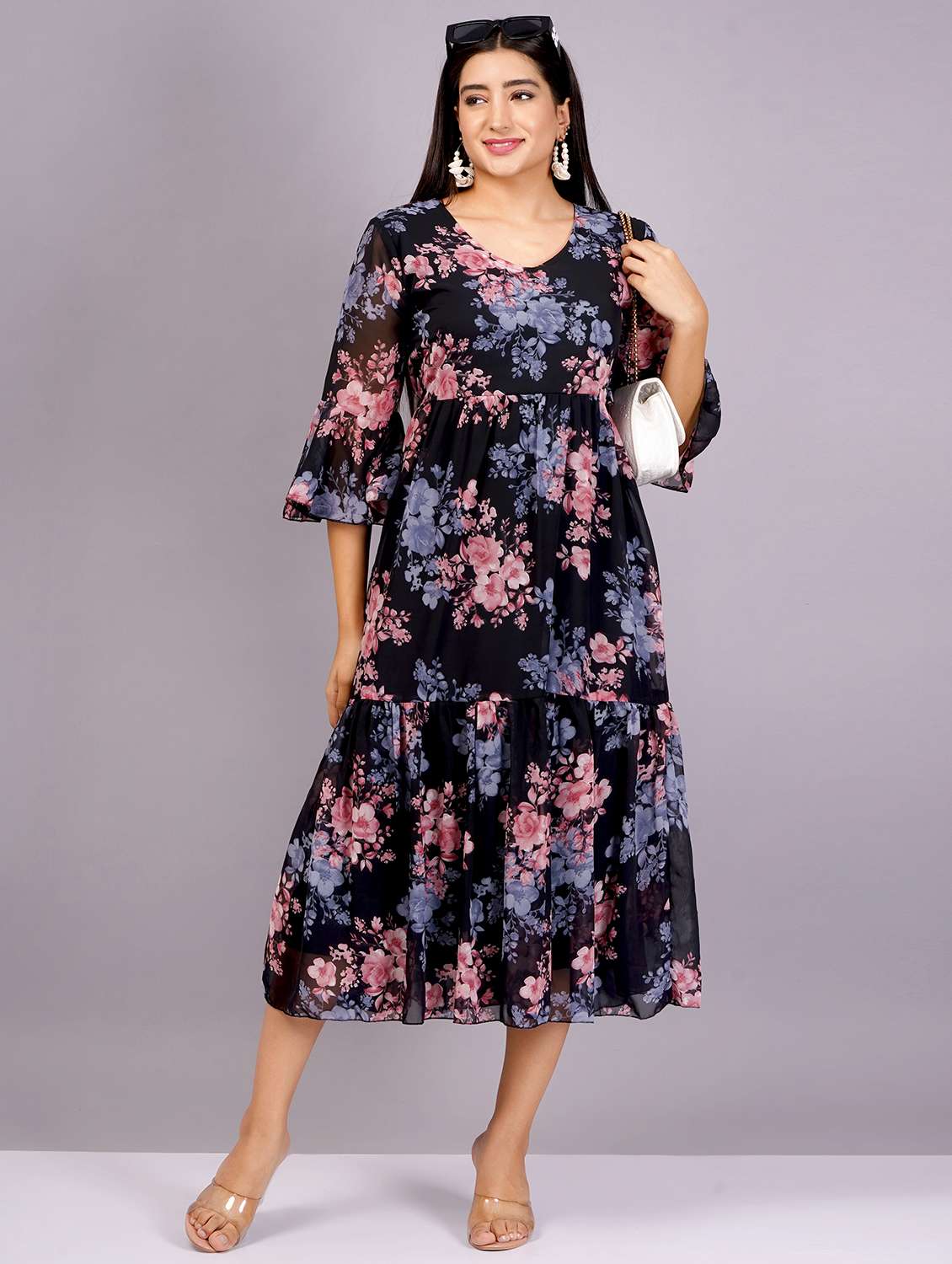 women black georgette fit & flare dress - 21482582 - Standard Image - 3
