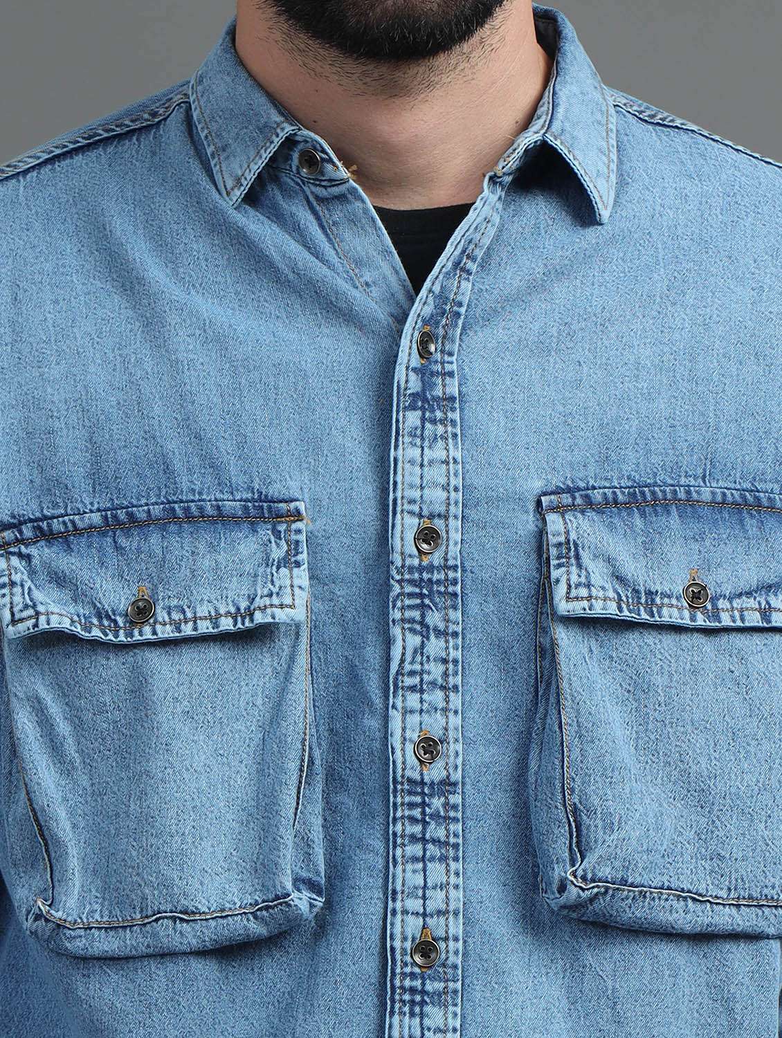 men light blue loose fit plain ddnim casual shirt with double pockets - 21482941 -  Standard Image - 5