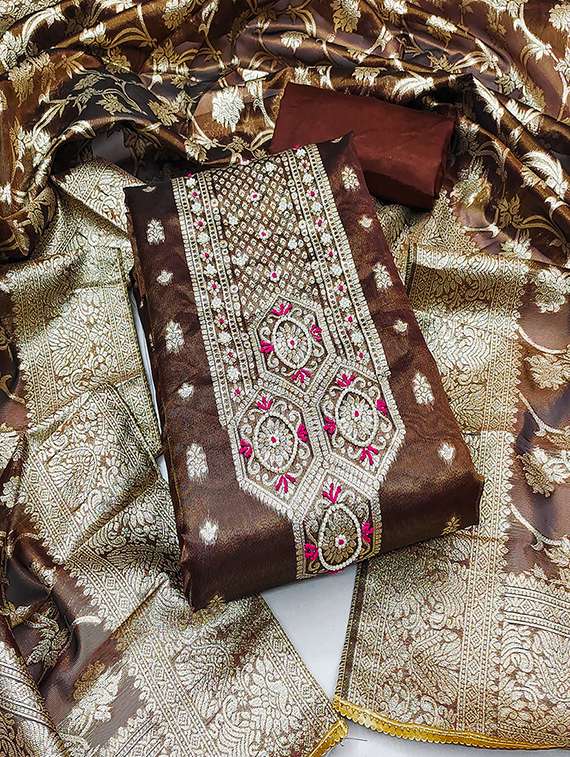 women self design silk unstitched suit set