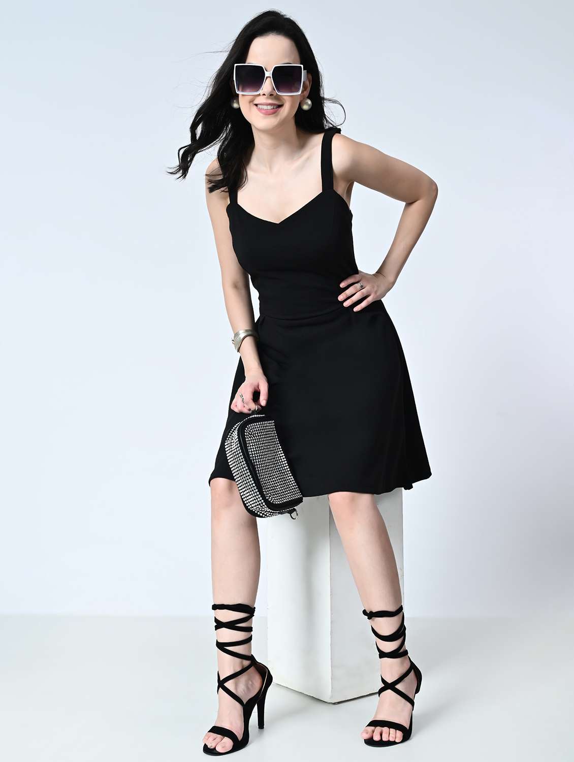 women black lycra blend a-line dress - 21483194 - Standard Image - 3