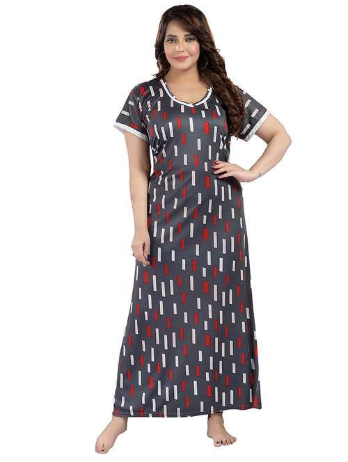 women grey printed satin nighty - 21483294 - Standard Image - 0