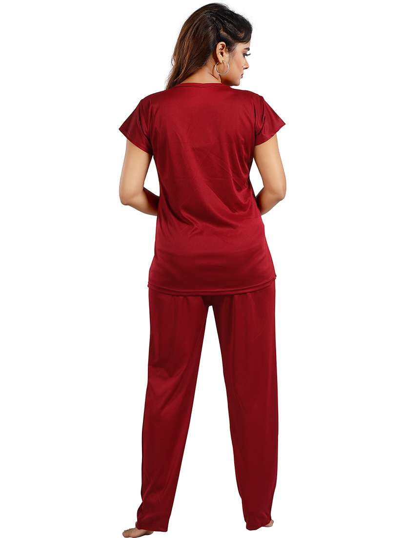 women maroon viscose pyjama nightwear set - 21483386 - Standard Image - 3