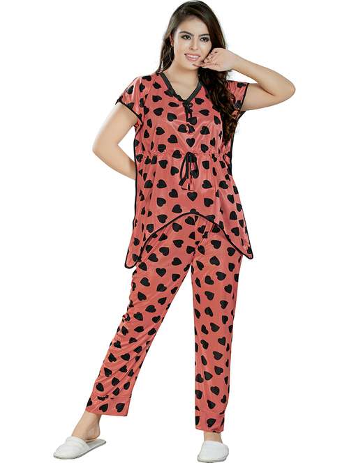 women peach satin pyjama nightwear set - 21483388 - Standard Image - 0