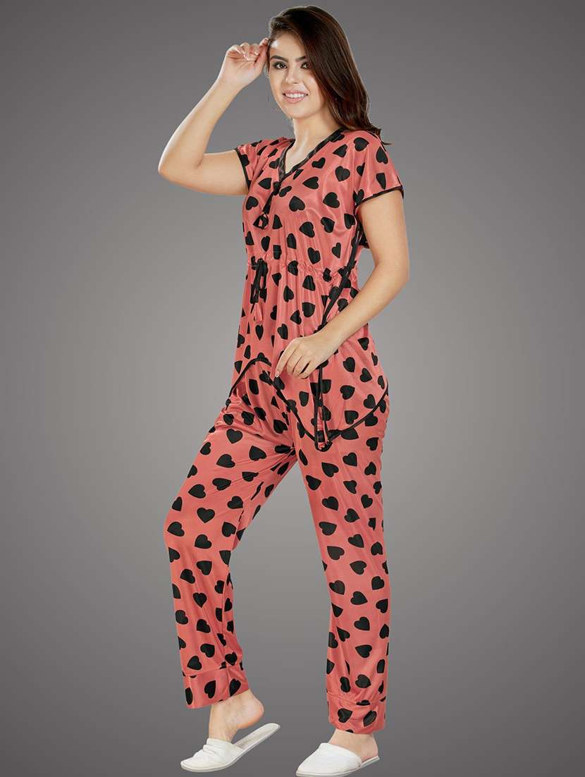 women peach satin pyjama nightwear set - 21483388 - Standard Image - 3