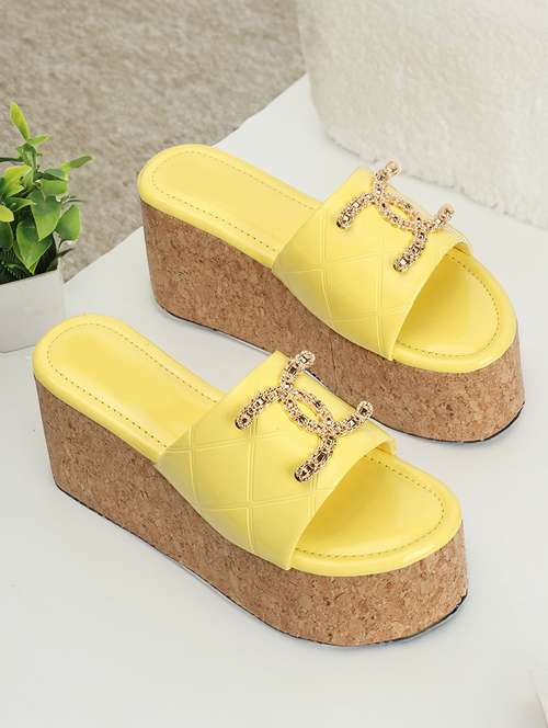 women yellow platforms wedge