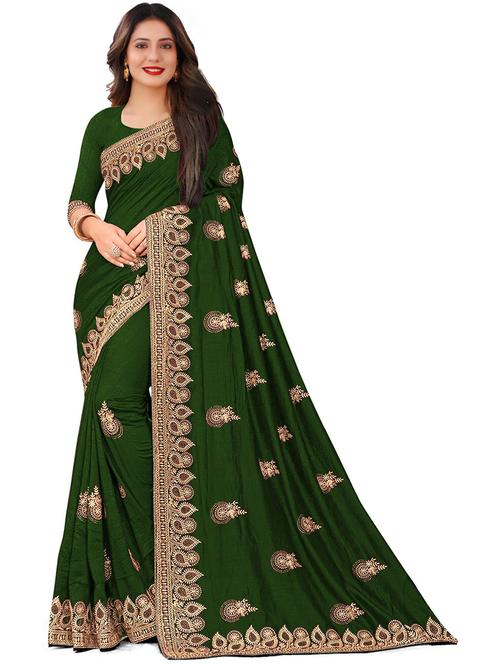 green silk blend embroidered saree with blouse - 21483749 - Standard Image - 0