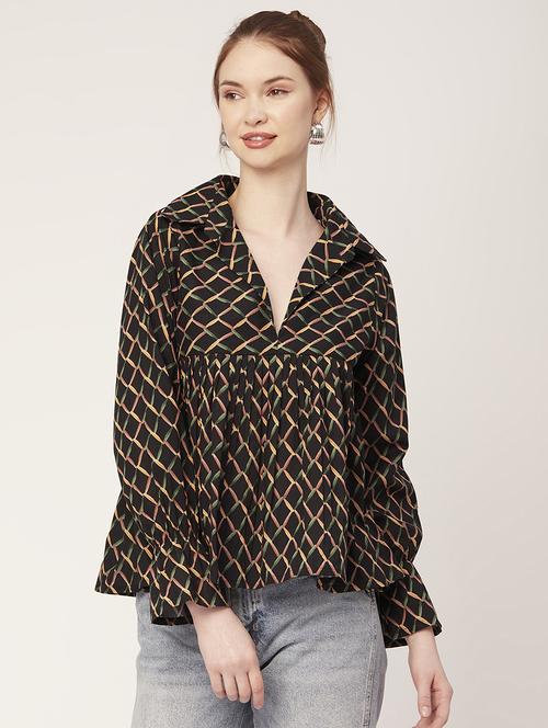 women printed collared flared top - 21484393 - Standard Image - 0