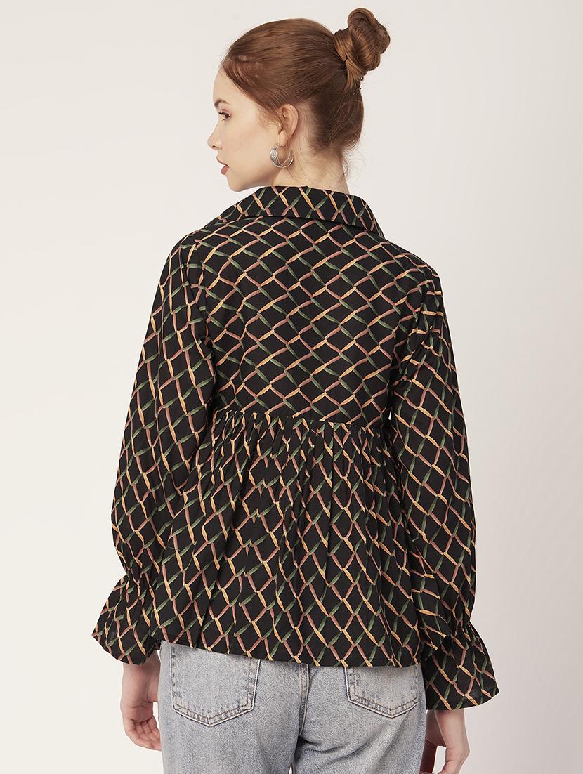 women printed collared flared top - 21484393 - Standard Image - 3