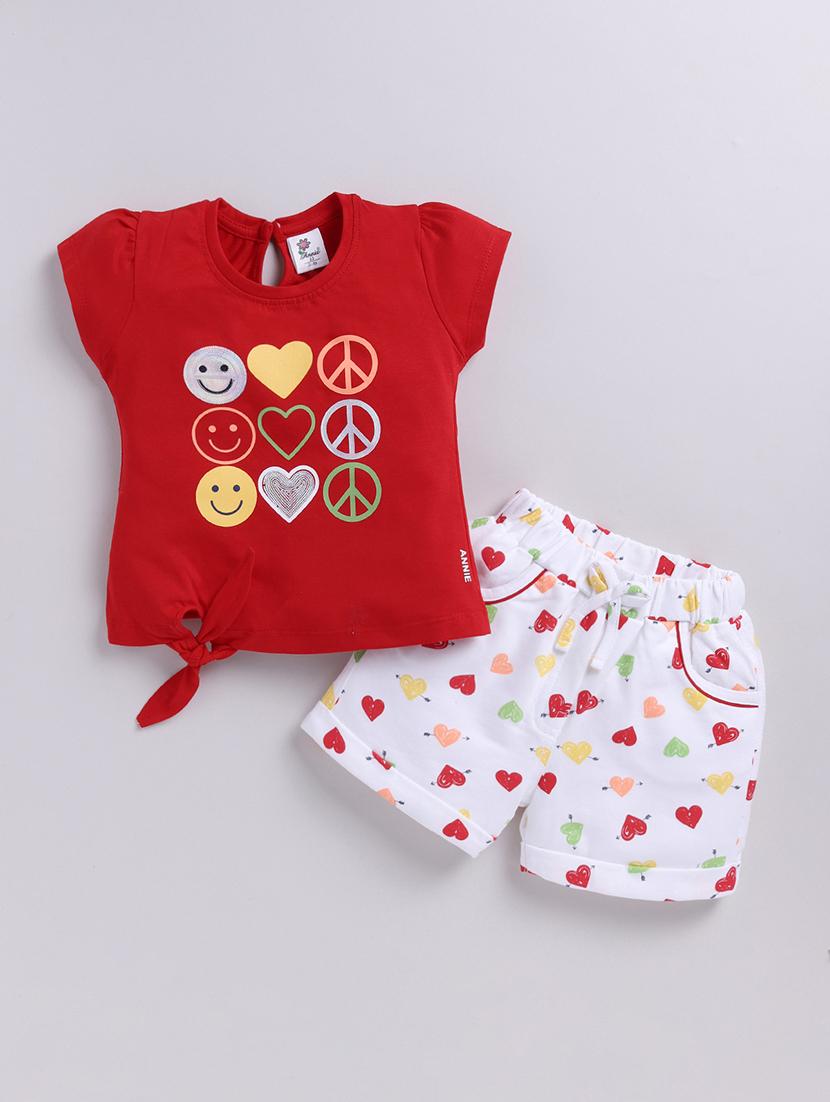 kids red cotton printed shorts set