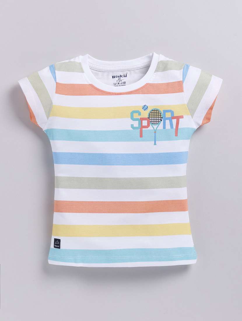 girls round neck rainbow stripes tees