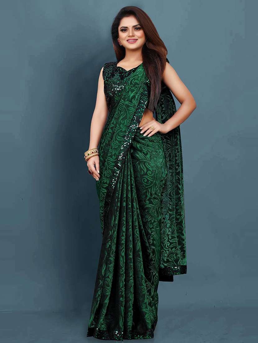 women green lace work bordered saree with blouse