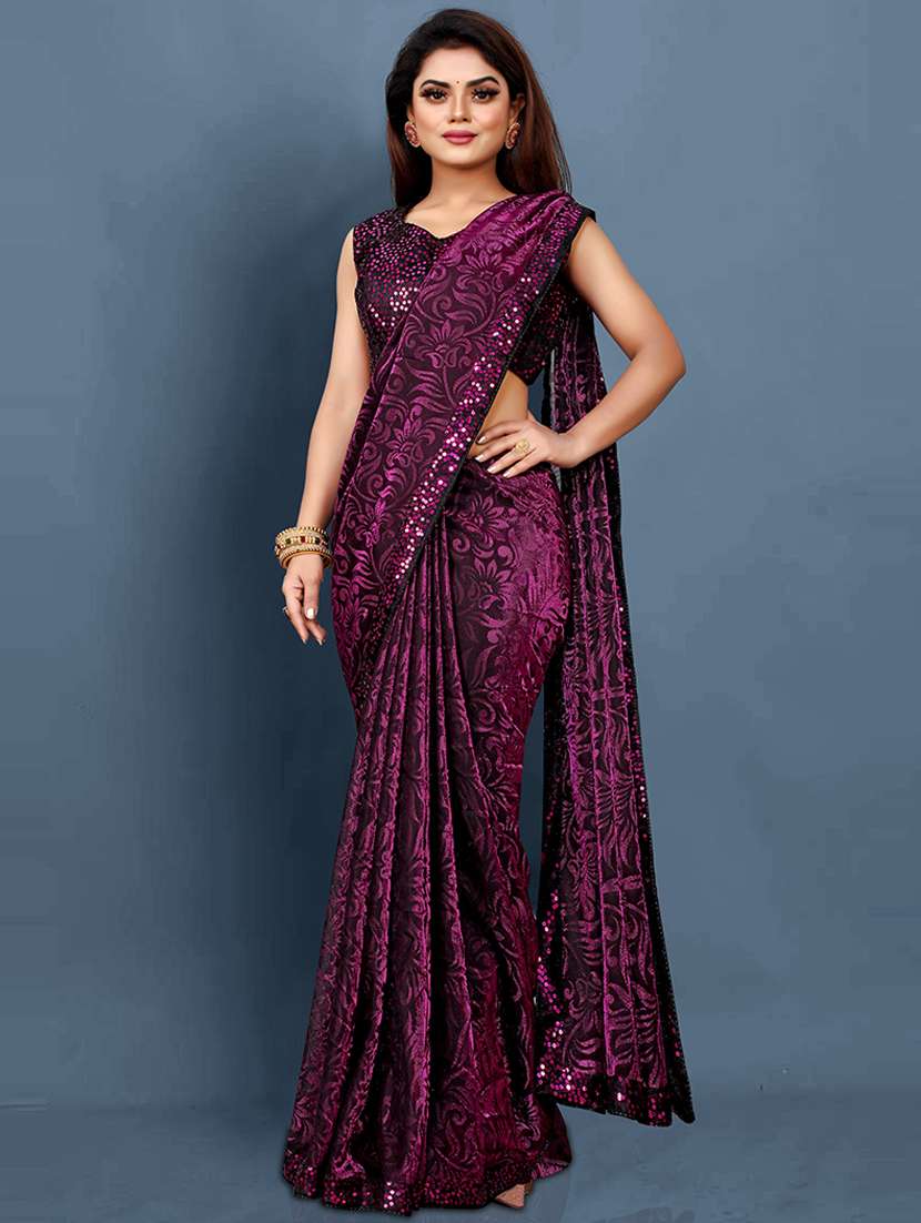 women purple lace work bordered saree with blouse
