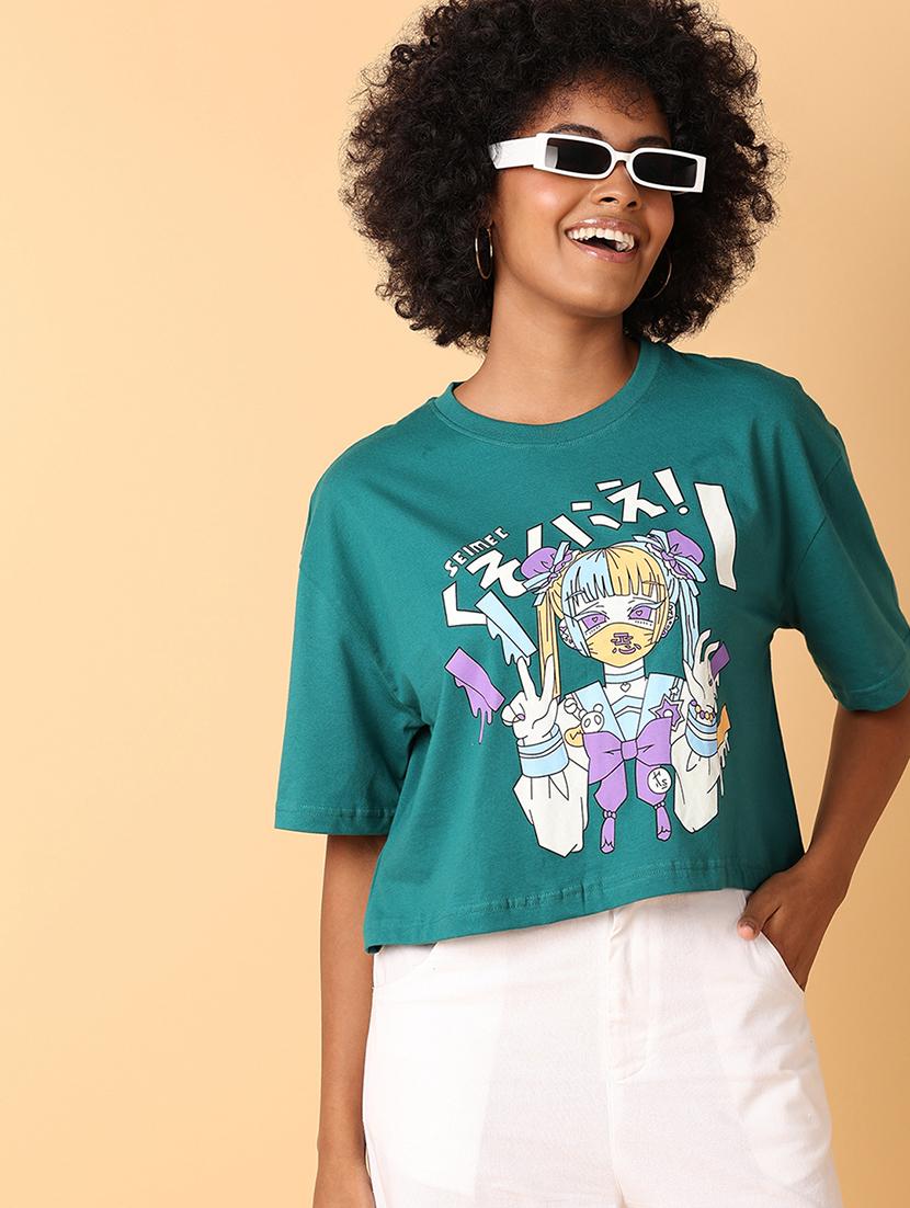women round neck graphic crop t-shirt - 21484885 - Standard Image - 3