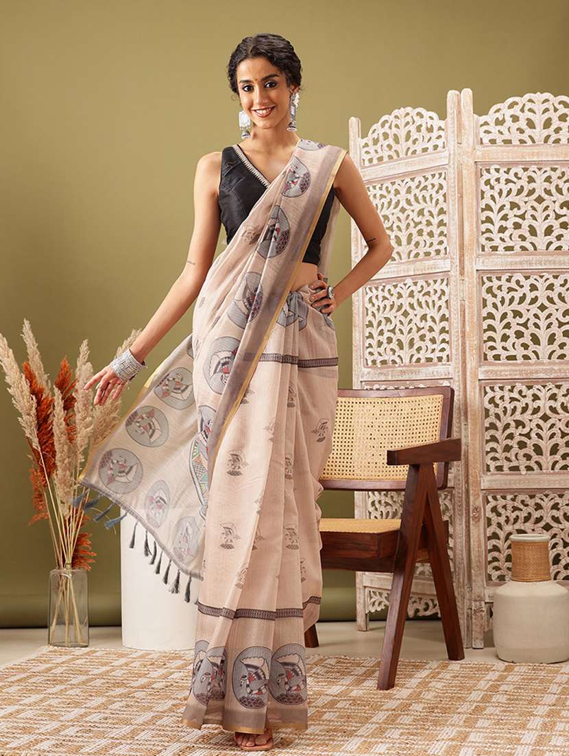 beige cotton blend maheshwari saree