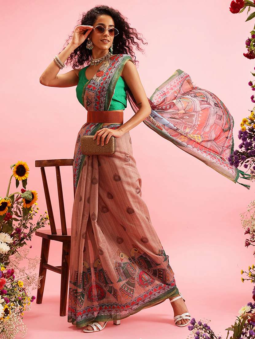 peach cotton blend maheshwari saree