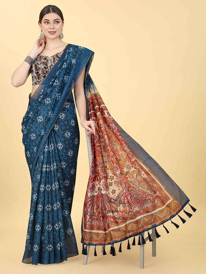 women teal floral printed saree