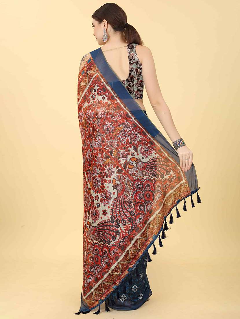 Women Teal Floral Printed Saree - 21485536 -  Standard Image - 3