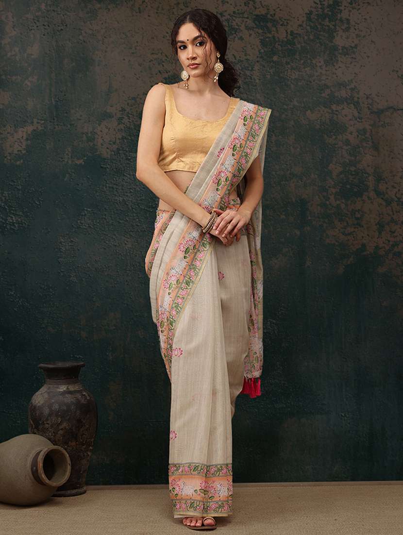 women beige floral printed saree