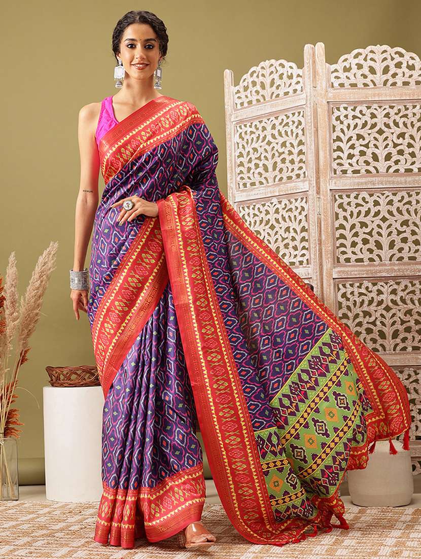 blue printed saree with blouse