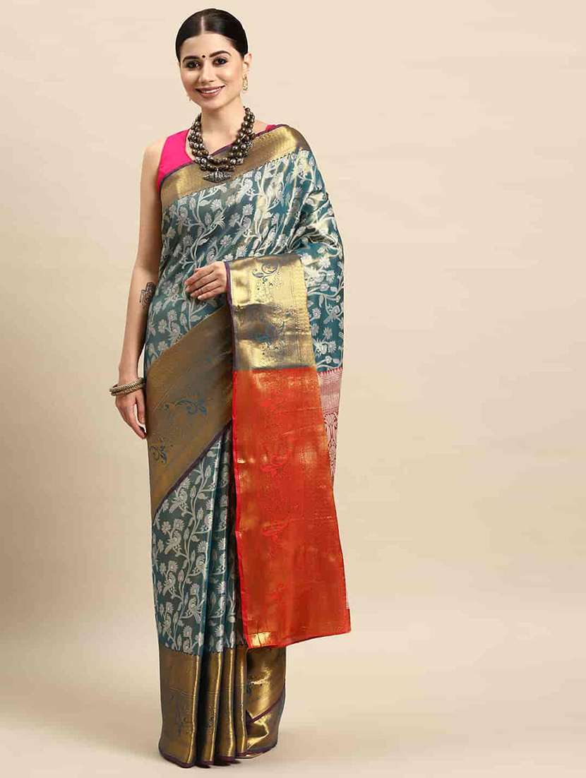 women teal blue banarasi saree