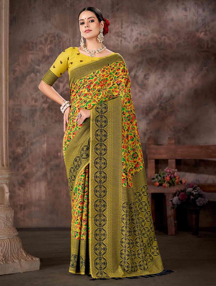 women yellow baluchari saree