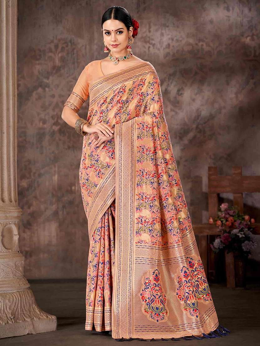 women peach baluchari saree