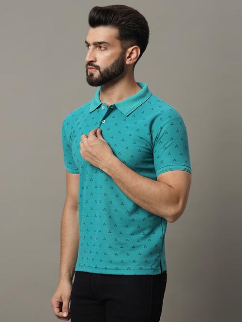 men sea green cotton blend all over print polo t-shirt - 21486174 - Standard Image - 0