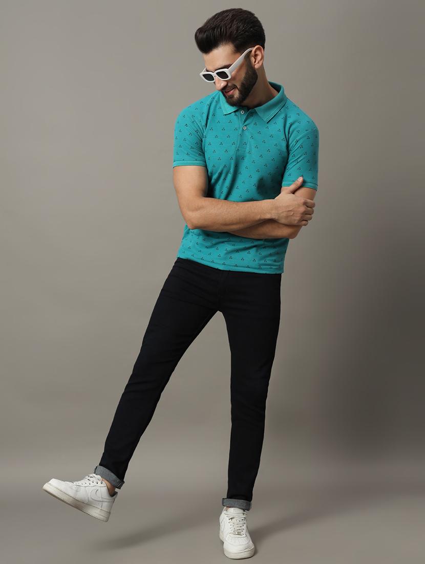 men sea green cotton blend all over print polo t-shirt - 21486174 - Standard Image - 3