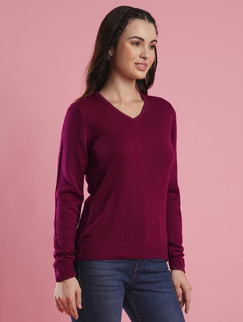 globus women pink v-neck self design ribbed hem flat knitted pullover - 21486194 - Standard Image - 0