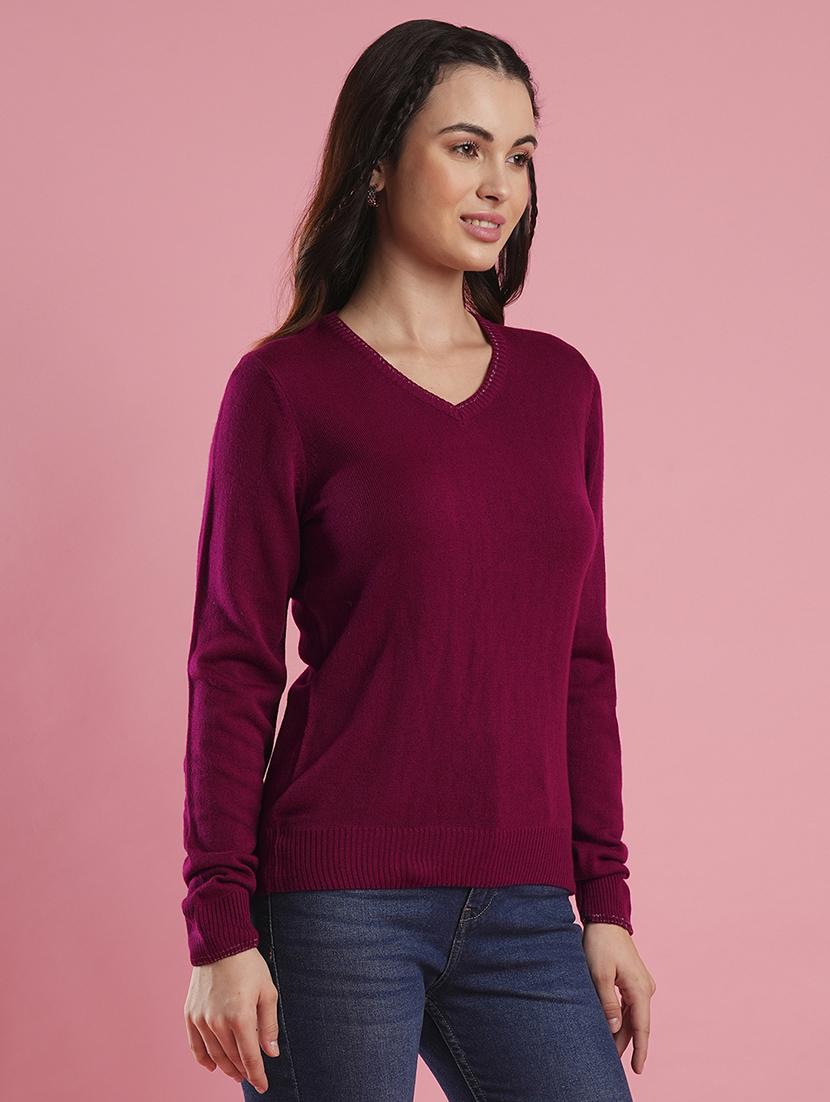 globus women pink v-neck self design ribbed hem flat knitted pullover