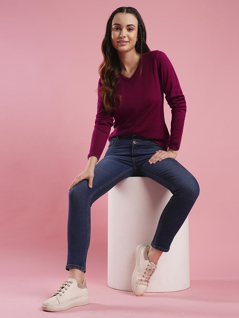 globus women pink v-neck self design ribbed hem flat knitted pullover - 21486194 - Standard Image - 3