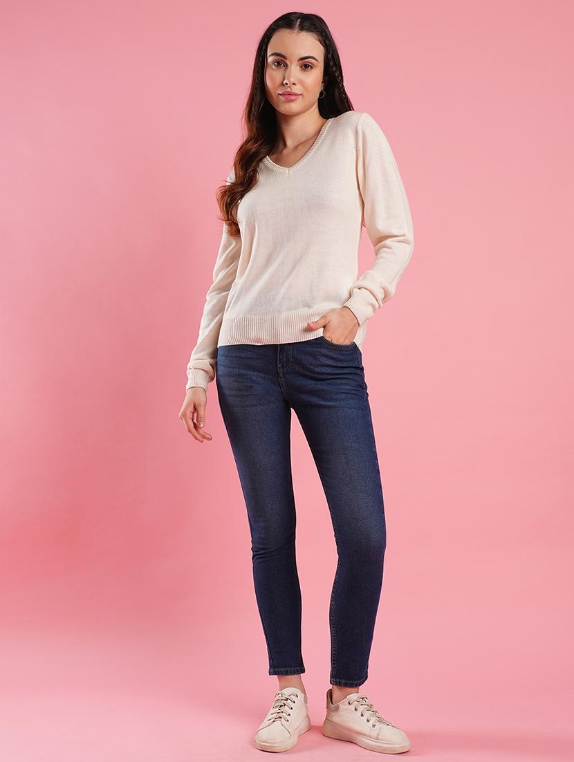 globus women off white v-neck self design ribbed hem flat knitted pullover - 21486195 - Standard Image - 3