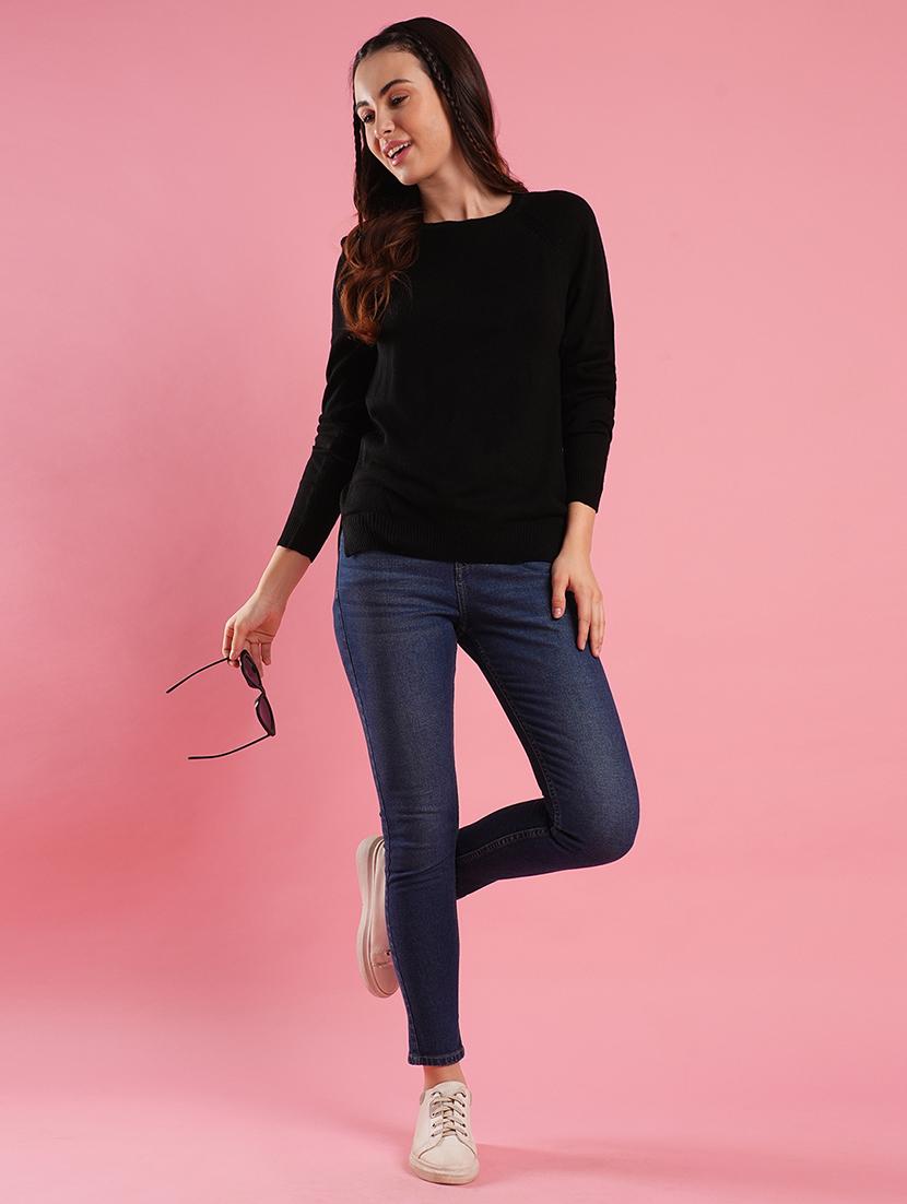 globus women black round neck raglan sleeves ribbed high low hem flat knitted pullover - 21486196 - Standard Image - 3