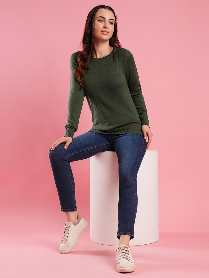 women's green round neck raglan sleeves ribbed high low hem flat knitted pullover - 21486197 - Standard Image - 3
