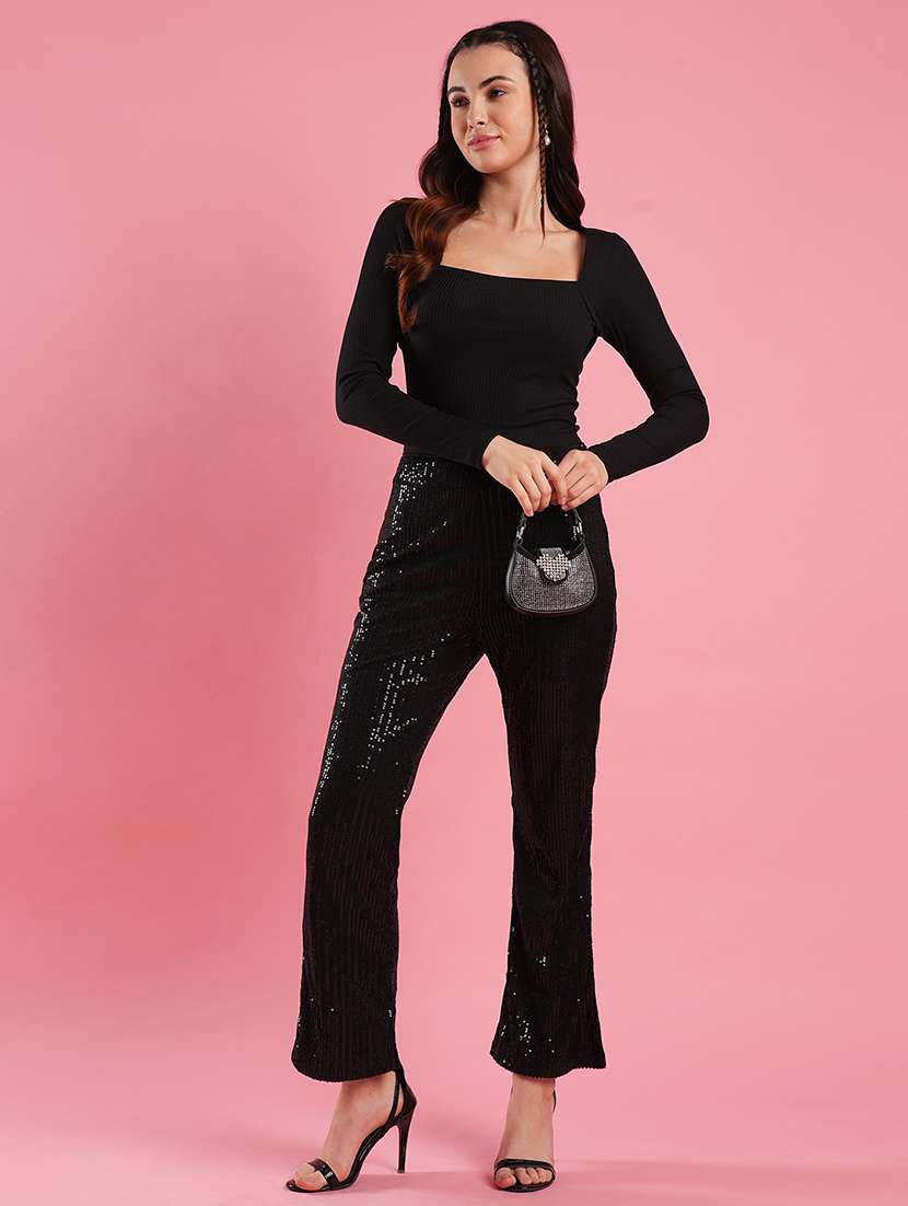 globus women black sequinnned  mid rise flared hem boot cut party trouser - 21486199 -  Standard Image - 3