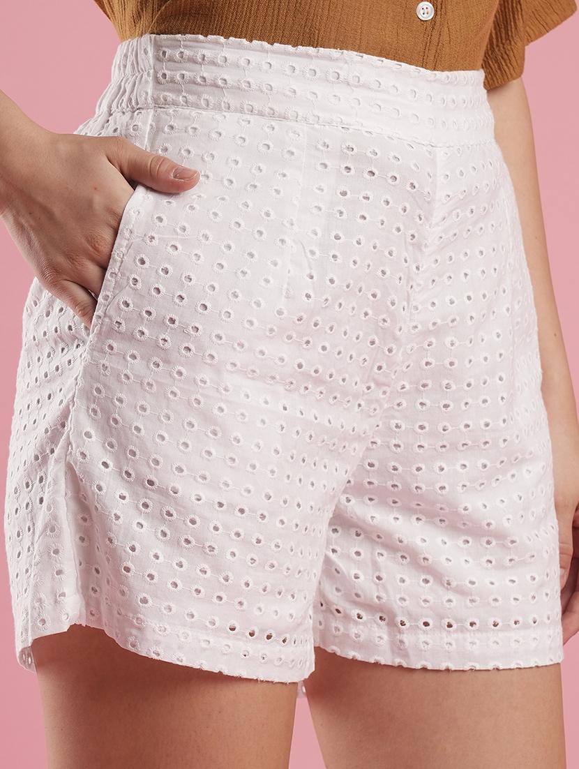 women's white cotton schiffli mid rise partially elasticated mini short - 21486201 - Standard Image - 5