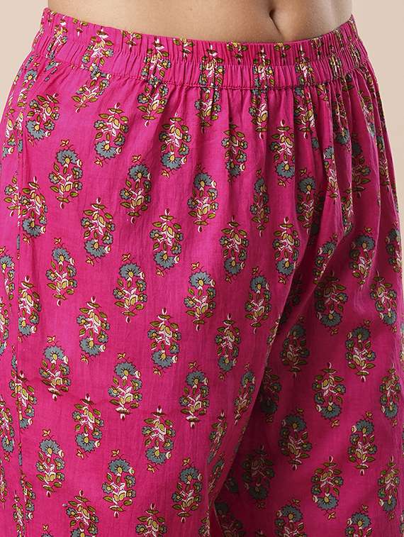 women's pink v-neck shoulder straps floral print tasselled drawstring waist tiered a-line fusion kurta with pants - 21486210 -  Standard Image - 5