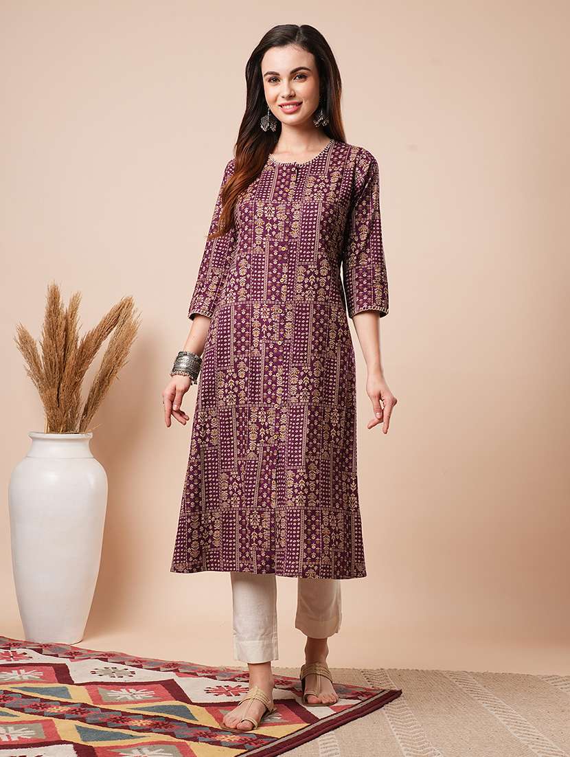 women's purple thread work neck floral printed button down a-line workwear kurta