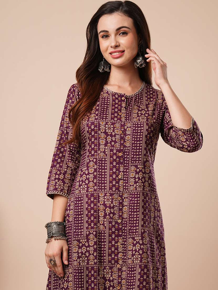 women's purple thread work neck floral printed button down a-line workwear kurta - 21486226 -  Standard Image - 3