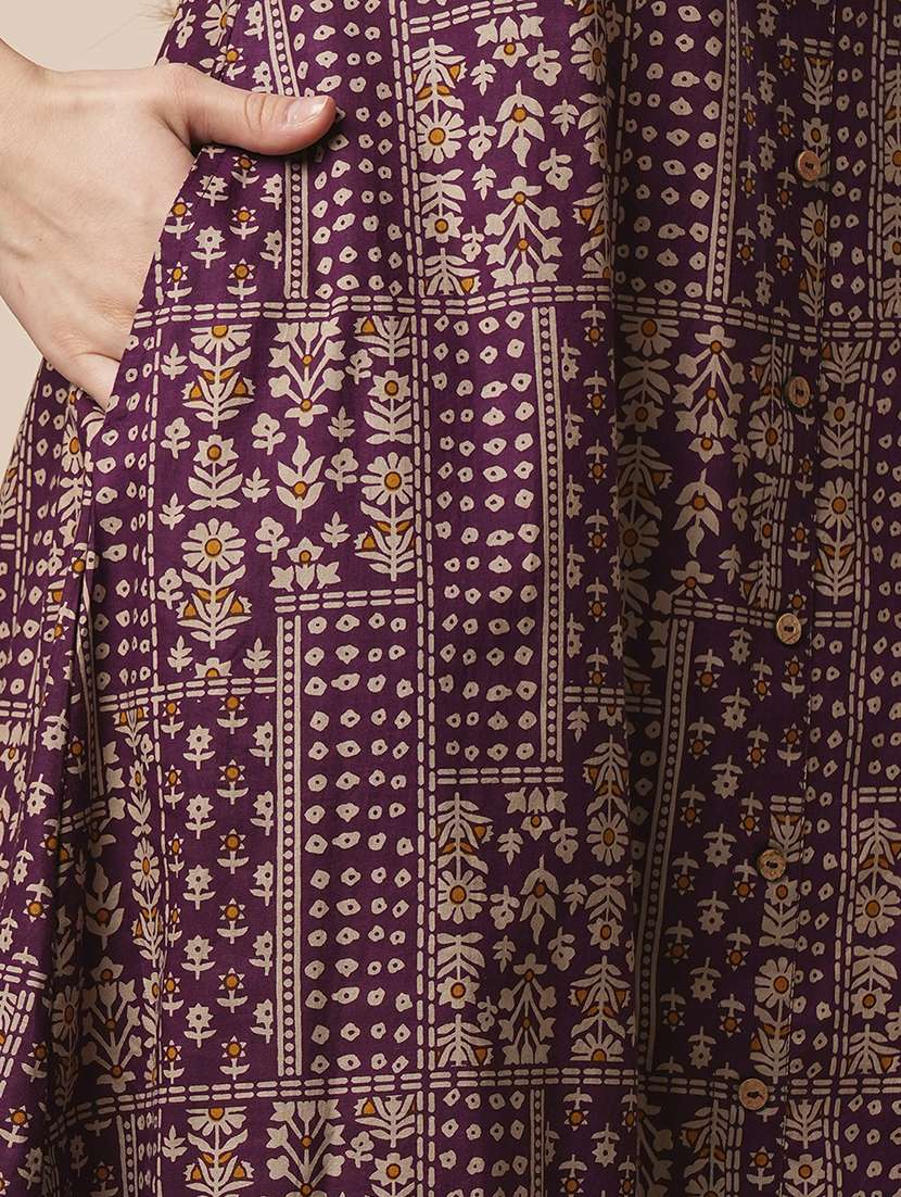 women's purple thread work neck floral printed button down a-line workwear kurta - 21486226 -  Standard Image - 5