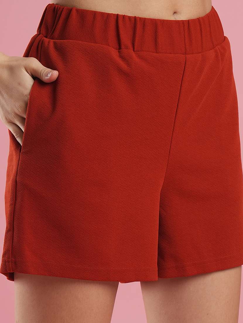 globus women rust v-neck big button front opening top & partially elasticated shorts co-ord set - 21486227 -  Standard Image - 5