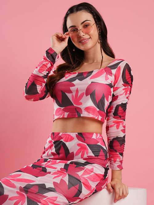 women's multi colour floral print sqaure neck crop top & calf length pencil skirt co-ord set - 21486235 -  Standard Image - 0
