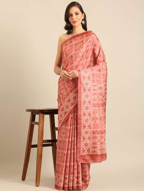 women peach printed saree with blouse - 21486264 -  Standard Image - 0