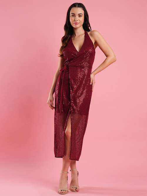 women's maroon halter neck wrap waist tie-up backless sequinned midi party dress - 21486280 -  Standard Image - 0