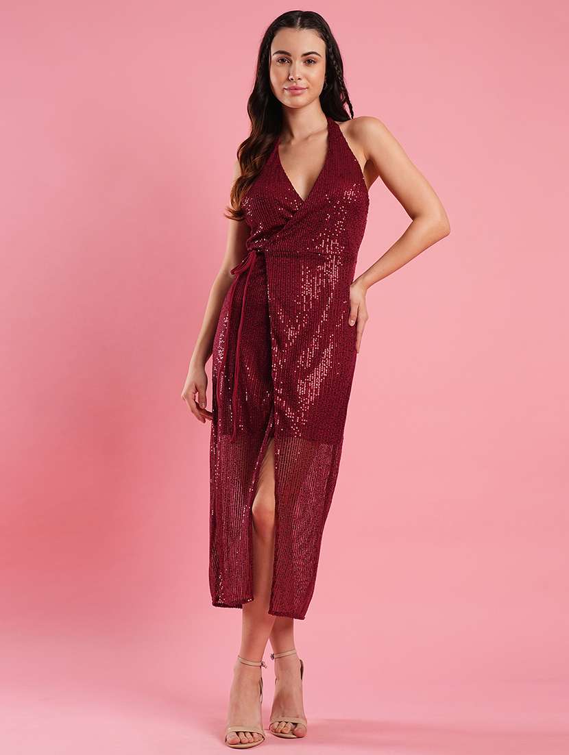 women's maroon halter neck wrap waist tie-up backless sequinned midi party dress