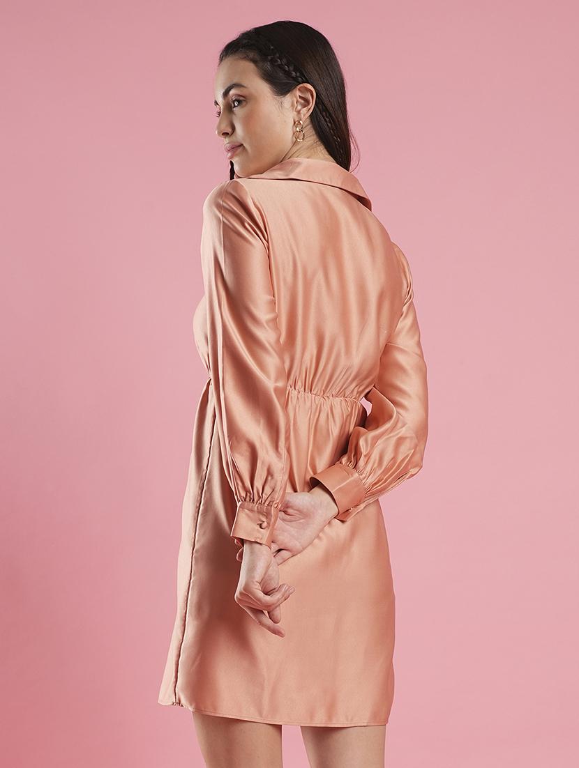 women's peach shirt collar cuffed sleeves hong button detailing wrap workwear dress - 21486287 - Standard Image - 3